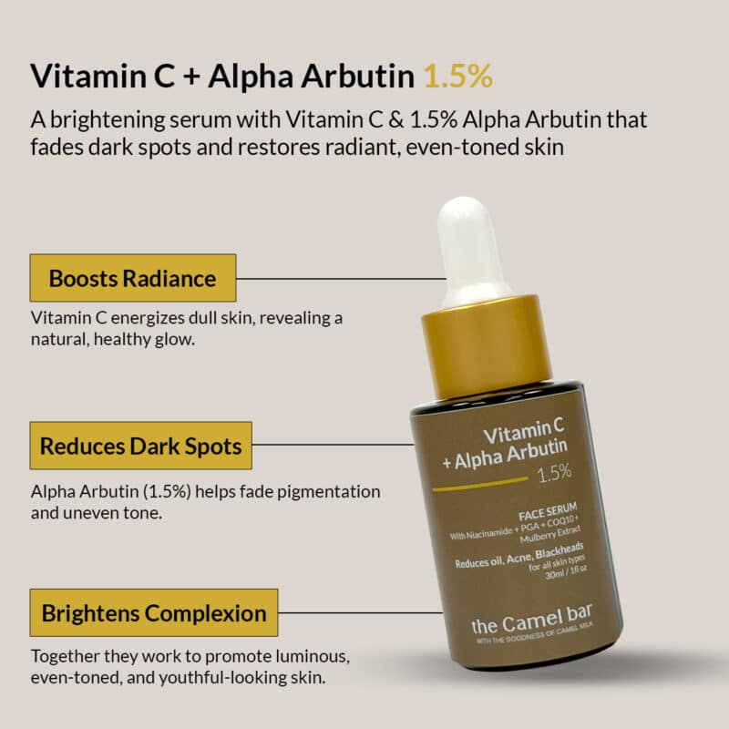 Camel Milk Skin Brightening Serum with Vitamin C + Alpha Arbutin 1.5% - Image 2
