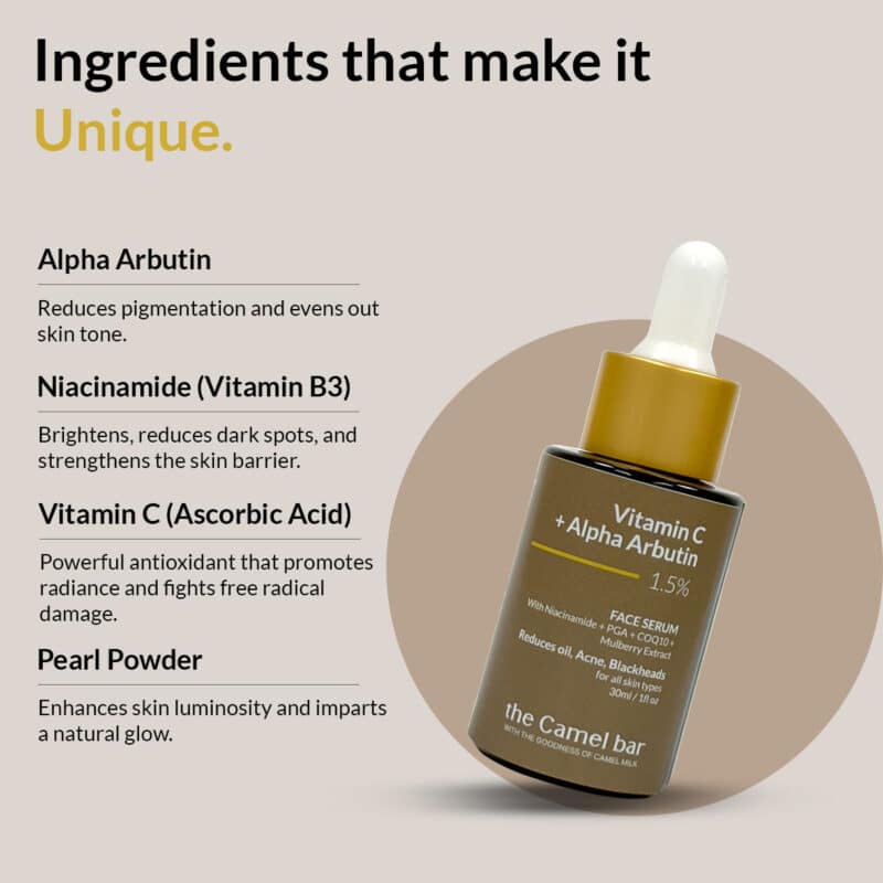 Camel Milk Skin Brightening Serum with Vitamin C + Alpha Arbutin 1.5% - Image 4